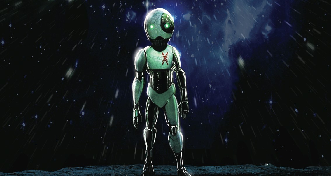 Key art for The Kill Lock: a small white robot standing in falling snow