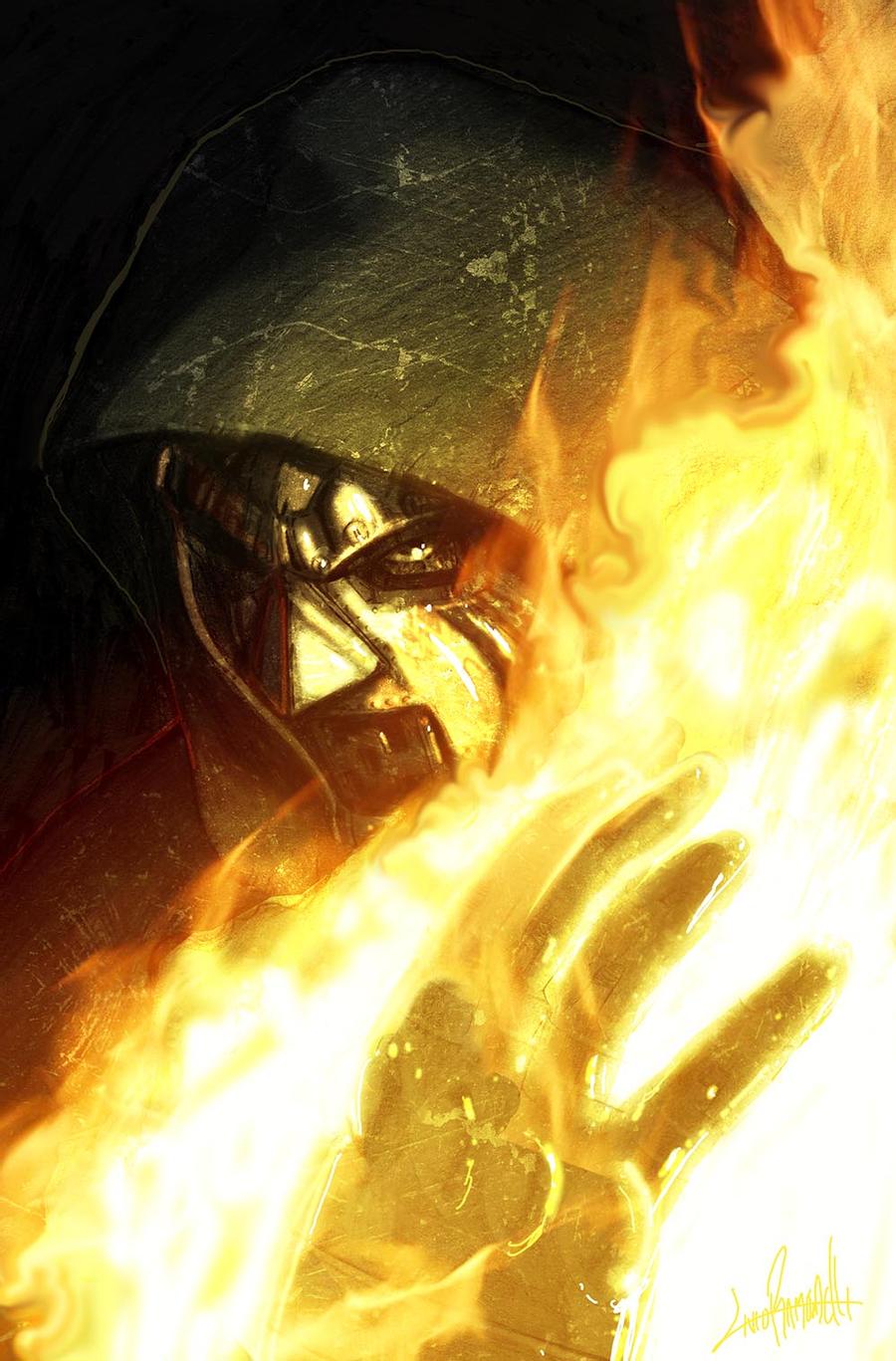 Painted art of Doctor Doom surrounded by flame